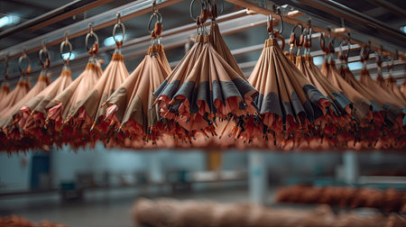 This image captures a unique display of closed umbrellas organized in a warehouse. The warm colors and structured arrangement create an eye-catching visual, showcasing modern design and craftsmanship.の素材
