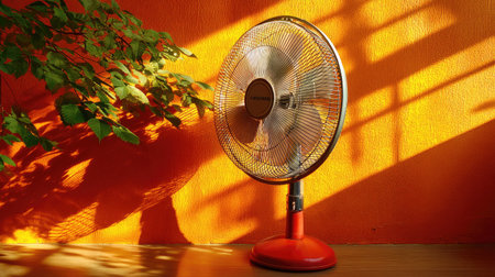A personal fan stands in a sunlit room against a vibrant orange wall, creating beautiful shadow patterns, enhancing the cozy atmosphere of the space.の素材
