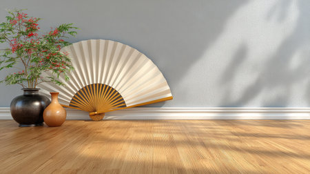 This captivating interior scene features a traditional hand fan, a decorative potted plant, and charming vases against a softly lit wooden floor, creating a serene atmosphere.の素材