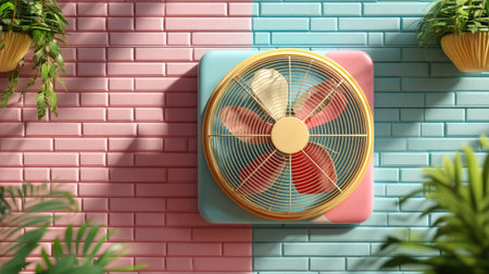 A vibrant wall fan features colorful blades against a pastel brick backdrop, surrounded by hanging plants, creating a stylish and fresh interior atmosphere.の素材
