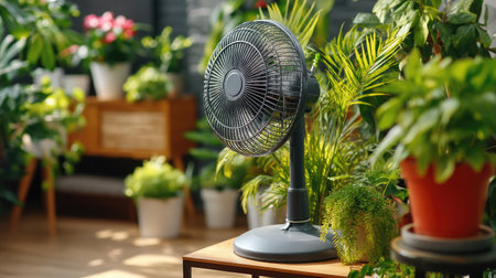 A cozy living space showcasing an indoor fan surrounded by vibrant green plants, creating a refreshing and tranquil atmosphere perfect for relaxation.の素材