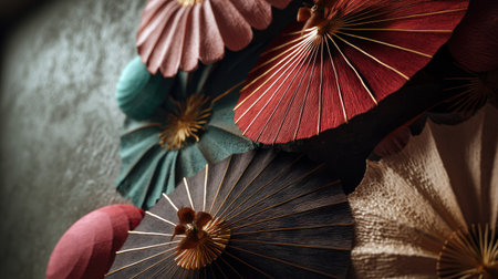 A captivating arrangement of vibrant paper umbrellas in various colors creates a stunning visual display, showcasing artistry and cultural significance in design.の素材