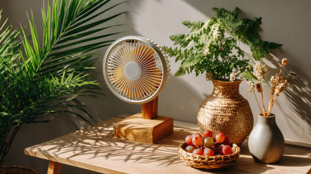 A stylish table fan enhances a cozy indoor space, surrounded by lush green leaves and vibrant fruits, creating a warm and inviting atmosphere.の素材