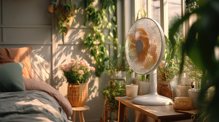 A serene bedroom scene featuring a stylish stand fan beside lush indoor plants, bathed in warm sunlight, creating a tranquil atmosphere and cozy vibe.の素材