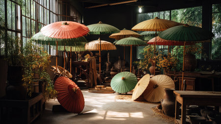 A stunning display of traditional Asian umbrellas in a rustic workshop, blending vibrant colors with natural elements, showcasing artisan craftsmanship and tranquility.の素材