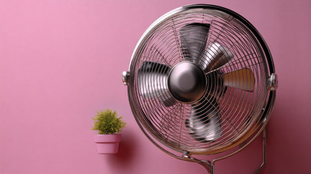This image features a modern chrome fan juxtaposed against a pink wall, accompanied by a small potted plant, ideal for summer decor inspiration.の素材