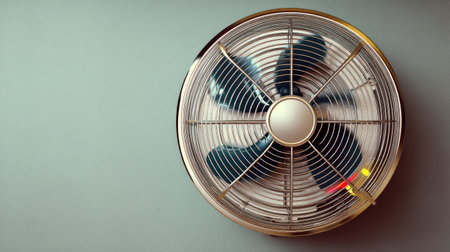 A vintage wall fan featuring a metal grill and blue blades, perfectly positioned against a soft pastel background, ideal for warm summer days and stylish home decor.の素材