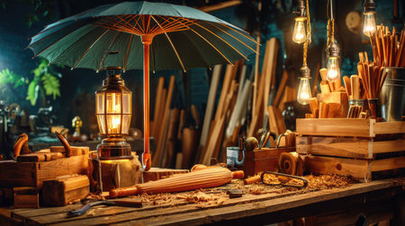 A charming and well-lit woodworking workshop scene featuring an umbrella and lantern, showcasing the artistry and tools of craftsmanship in a natural setting.の素材