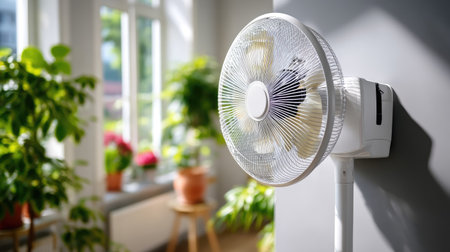 A stylish wall-mounted fan positioned in a sunlit room filled with vibrant plants, creating a refreshing and comfortable atmosphere for any space.の素材