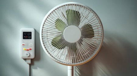 This image features a modern electric fan with a remote control, designed with a unique leaf-shaped blade, perfect for stylish home interiors.の素材