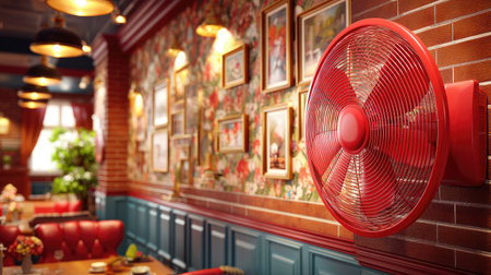 A striking vintage red wall fan adds a retro touch to a cozy restaurant, beautifully complemented by floral decor and inviting interiors.の素材