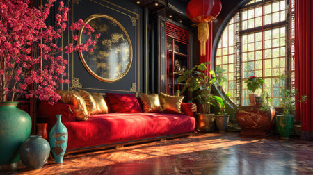 A beautifully designed living room features a luxurious red sofa adorned with cushions, surrounded by decorative plants and art. Sunlight streams in, enhancing the vibrant atmosphere.の素材