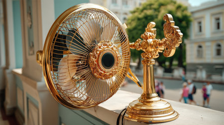 This stunning vintage gold fan, featuring an ornate design, captures elegance and nostalgia, ideal for stylish home decor in a sunlit setting.の素材