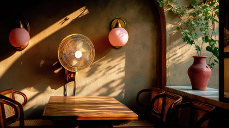This image captures the inviting atmosphere of a cafe interior with warm lighting, a wooden table, and elegant decor, perfect for relaxation or socializing.の素材