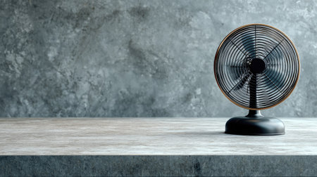 A sleek black table fan stands elegantly on a marble surface against an industrial grey background, bringing a modern touch to any room while providing cool air.の素材