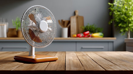 A captivating scene showing a modern electric fan placed on a rustic wooden table in a kitchen. The gray walls and vibrant plants evoke a fresh and inviting atmosphere.の素材