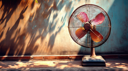 A vintage fan stands against a textured wall, displaying vibrant colors and soft shadows. The warm light creates a peaceful atmosphere, ideal for summer relaxation.の素材