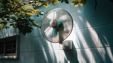 A wall-mounted fan elegantly positioned against a blue wall, illuminated by sunlight and surrounded by lush green foliage, creates a serene atmosphere.の素材