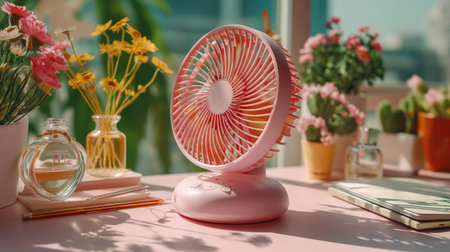 A charming pink desk fan adds a refreshing touch to a bright and cozy workspace adorned with flowers and indoor plants in beautiful sunlight.の素材