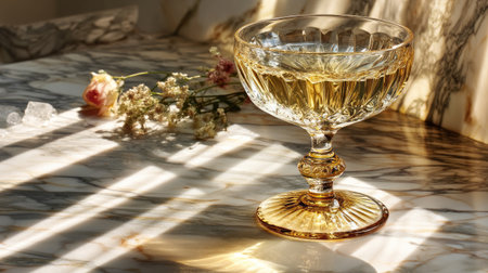 This captivating image showcases an elegant champagne glass filled with a golden beverage, set against a stunning marble table. Soft sunlight reflects through the glass, creating intriguing patterns and shadows. Delicate flowers add a touch of romance and beauty, making it perfect for celebrations or serene moments of relaxation.の素材