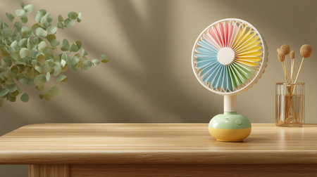 This image features a colorful mini fan placed on a wooden table, accompanied by decorative plants and vases. The soft natural light creates a serene and cozy atmosphere, perfect for home or workspace enhancement.の素材