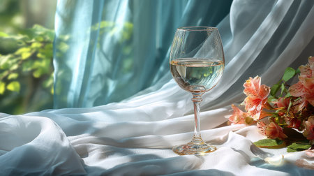 A stunning shot of a glass of clear water placed on soft fabric, complemented by delicate flowers. This serene setup captures natural light, evoking tranquility.の素材