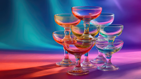 A stunning arrangement of colorful glass stemware captures attention with its vibrant hues and artistic display, perfect for celebratory events.の素材