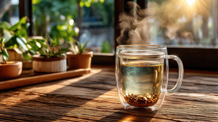 A clear mug filled with steaming tea sits on a rustic wooden table, surrounded by lush indoor plants, capturing a moment of warmth and tranquility.の素材