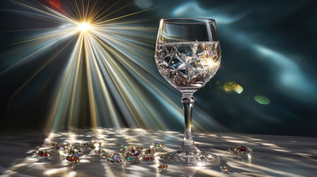A stunning still life featuring a crystal glass filled with water, adorned with sparkling gems, casting reflections and light, creating a captivating ambiance.の素材