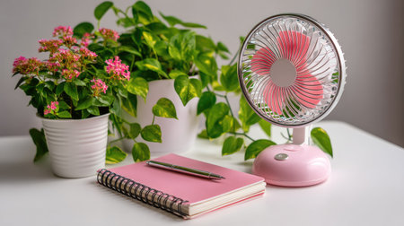 A charming workspace featuring a pink fan, a cozy notebook, a sleek pen, and lush green plants, creating an inviting and refreshing environment.の素材