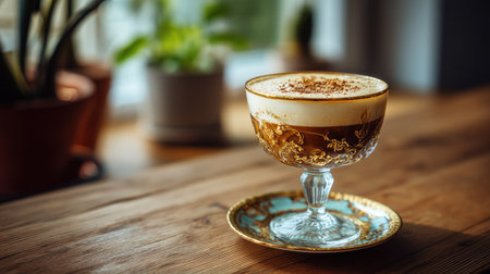 A beautifully crafted coffee drink served in an elegant glass, topped with creamy foam and a sprinkle of garnish, perfect for cozy moments.の素材