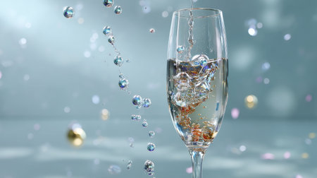 This image features a glass filled with sparkling water, showcasing vibrant bubbles and a soft blue background, perfect for themes of celebration and refreshment.の素材