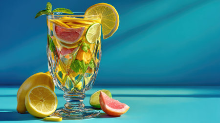 A beautifully styled image of a refreshing citrus drink featuring vibrant fruit slices and mint. The crystal glass is set against a bright blue background, perfect for summer occasions.の素材