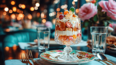 A stunning dessert parfait with layers of fruit and cream served in ornate glassware. The warm dining atmosphere features beautiful floral arrangements, creating a perfect indulgent treat.の素材