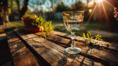 A glass of sparkling water sits elegantly on a rustic wooden table, surrounded by vibrant greenery in a serene outdoor setting at sunset.の素材