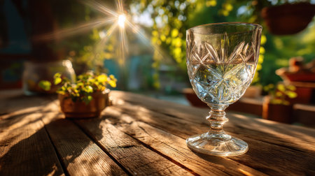 A stunning close-up of a crystal glass filled with water placed on a rustic wooden table, illuminated by soft sunlight and surrounded by lush greenery, creating a serene atmosphere.の素材