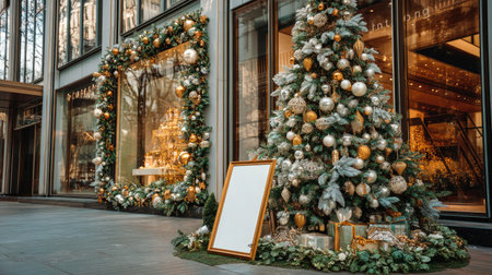 A beautifully decorated urban shopping area showcases a stunning Christmas tree adorned with elegant golden ornaments, surrounded by festive greenery.の素材