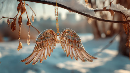 A beautifully crafted decorative wing pendant hangs gracefully from a bare branch, surrounded by a serene winter landscape, capturing the essence of natural elegance.の素材