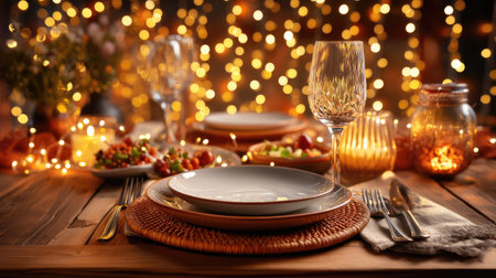 A beautifully set dining table featuring elegant plates and glasses surrounded by warm lights, perfect for a cozy gathering or special occasion.の素材