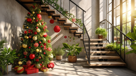A beautifully designed modern interior featuring a festive Christmas tree adorned with ornaments, bright sunlight illuminating the staircase, and lush greenery surrounding the space, creating a warm and inviting atmosphere for the holiday season.の素材