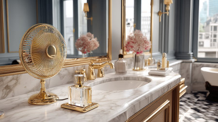 A stylish bathroom featuring a marble countertop with gold accents, elegant decor, and a refreshing atmosphere; perfect for relaxation and beauty.の素材