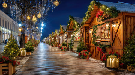 A picturesque winter market featuring decorated wooden stalls, bright lights, and festive ornaments. The inviting atmosphere captures holiday cheer and warmth.の素材