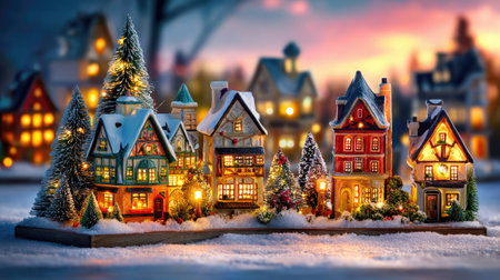 This enchanting winter village scene showcases beautifully lit houses surrounded by snow and evergreen trees, creating a warm and festive atmosphere.の素材