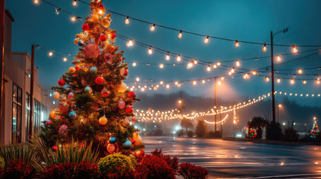 A beautifully decorated Christmas tree stands adorned with colorful ornaments and glowing lights, creating a warm, inviting atmosphere in a festive night scene.の素材