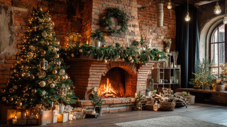 A cozy festive living room featuring a beautifully decorated Christmas tree and a warm fireplace, creating a charming holiday atmosphere perfect for gatherings.の素材