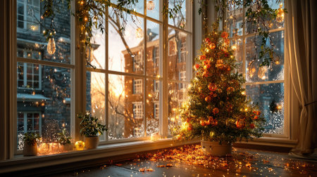 Experience the warmth and joy of a cozy Christmas scene featuring a beautifully decorated tree by a window during a stunning sunset. This image captures the festive spirit with twinkling lights and charming decorations, creating a magical and inviting atmosphere in a warm home setting.の素材