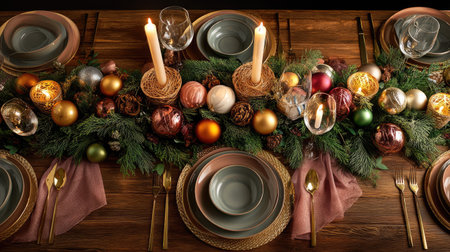Discover an elegant Christmas table setting featuring candles and colorful ornaments. A cozy and festive atmosphere designed for joyful holiday gatherings.の素材