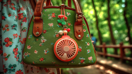 A close-up shot of a stylish floral handbag featuring a mini fan, set against a vibrant green forest backdrop. Ideal for fashion or nature themes.の素材