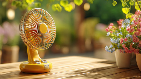 A charming yellow desk fan sits elegantly on a wooden table, surrounded by colorful flowers and lush greenery, enhancing the serene outdoor atmosphere.の素材