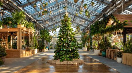 A stunning indoor botanical garden featuring a beautifully decorated Christmas tree surrounded by lush greenery, creating a vibrant and festive atmosphere.の素材